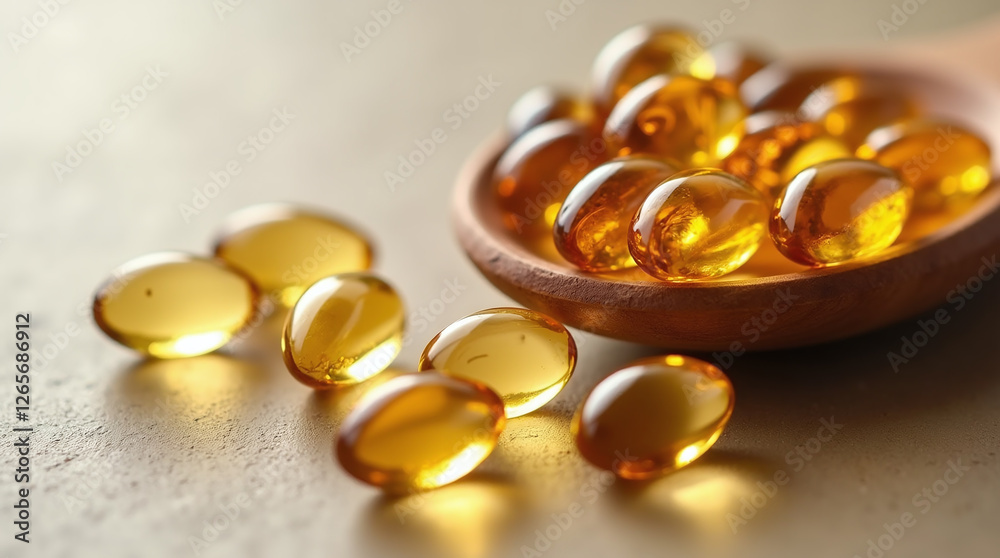 Close-up of Omega 3 or Omega 6 Golden Oil Capsules Pills Supplements in Wooden Spoon, healthy Brain and Heart Close-up of Omega 3 or Omega 6 Golden Oil Capsules Pills Supplements in Wooden Spoon, healthy Brain and Heart