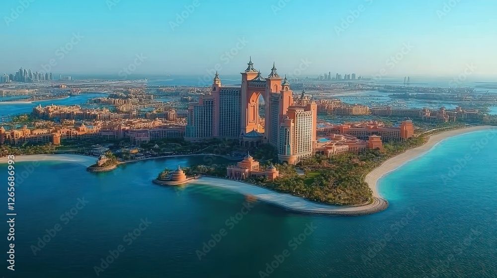 Obraz premium Aerial view of Dubai resort complex on a sunny day