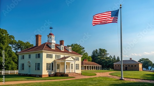 Mount Vernon Estate with American Flag Proudly Waving against a Blue Sky Backdrop