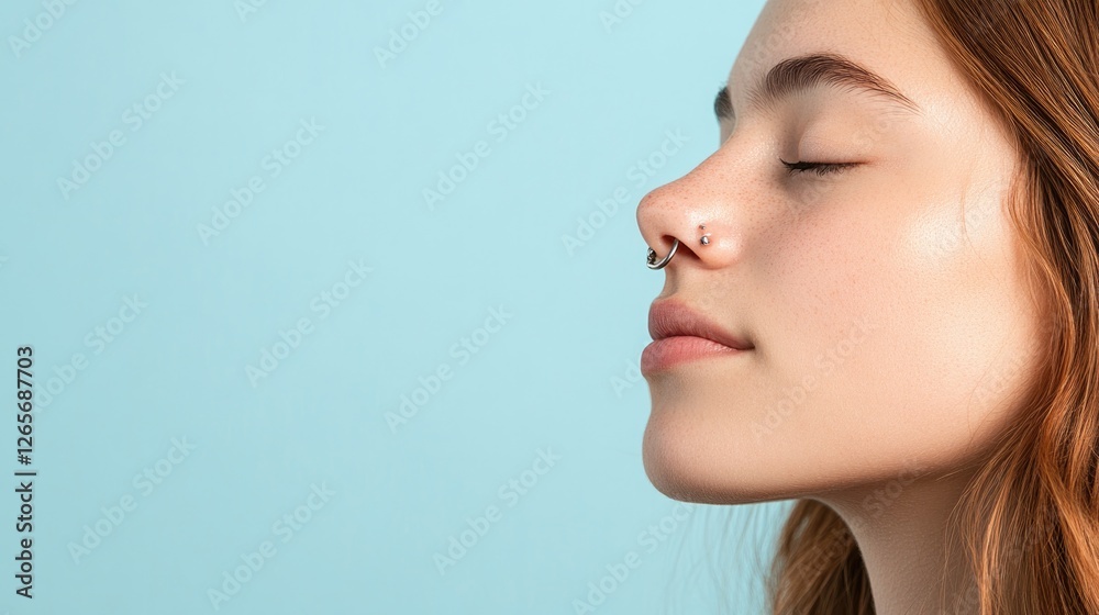 portrait of young woman with nose piercing her serene expression and side profile accentuated by soft lighting background