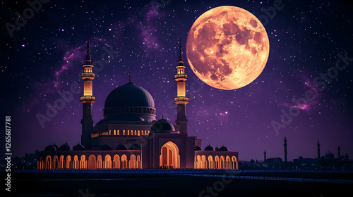Night scene of a mosque under a huge full moon