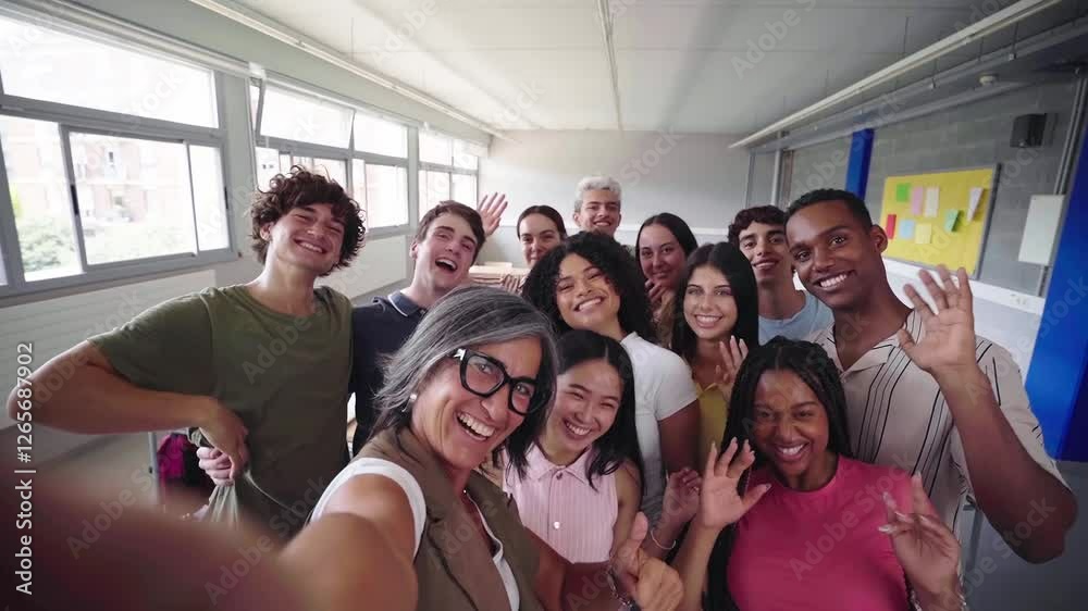 Cheerful selfie of young group of students waving and looking at camera with big smiles with their female teacher in the classroom, celebrating the back to school. Cheerful selfie of young group of students waving and looking at camera with big smiles with their female teacher in the classroom, celebrating the back to school.
