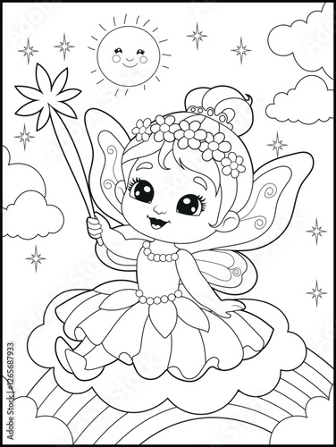 Black and white fairy coloring pages for kids. Children's coloring books with cute cartoon fairy characters, fun and educational materials for kindergarten.
