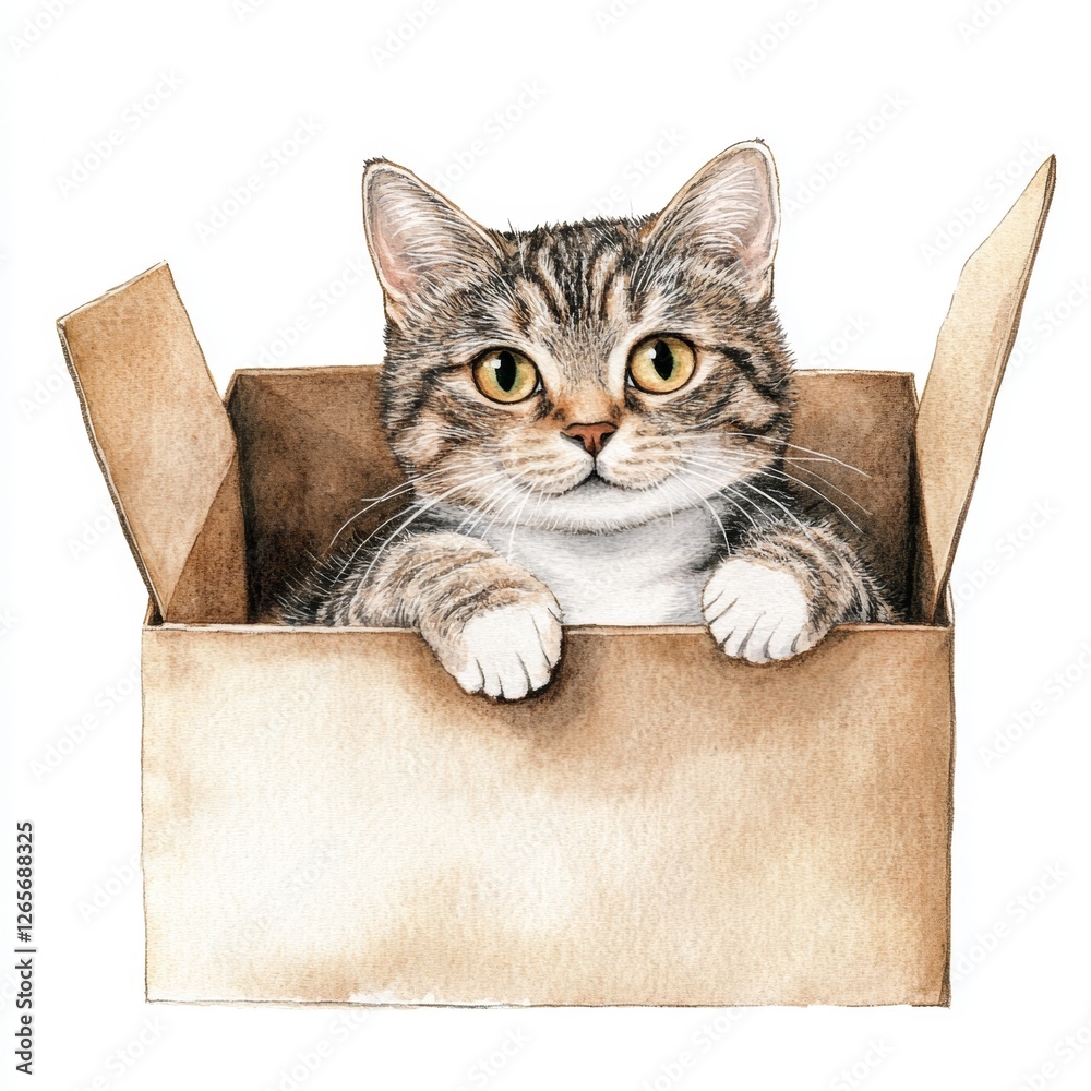 A watercolor painting of a curious kitten in a box.