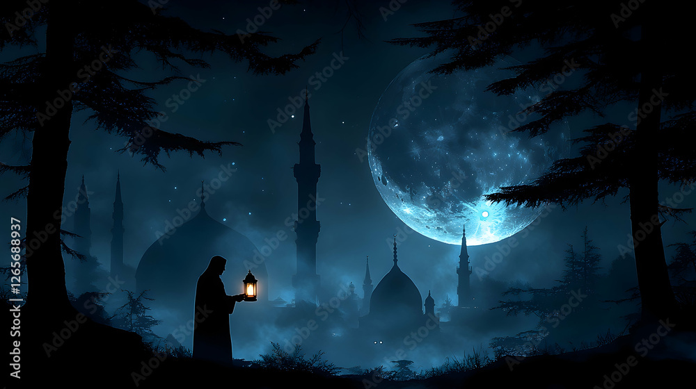 Night scene, person with lantern, mosque, moon, forest, mystical, fantasy art, religious, spiritual