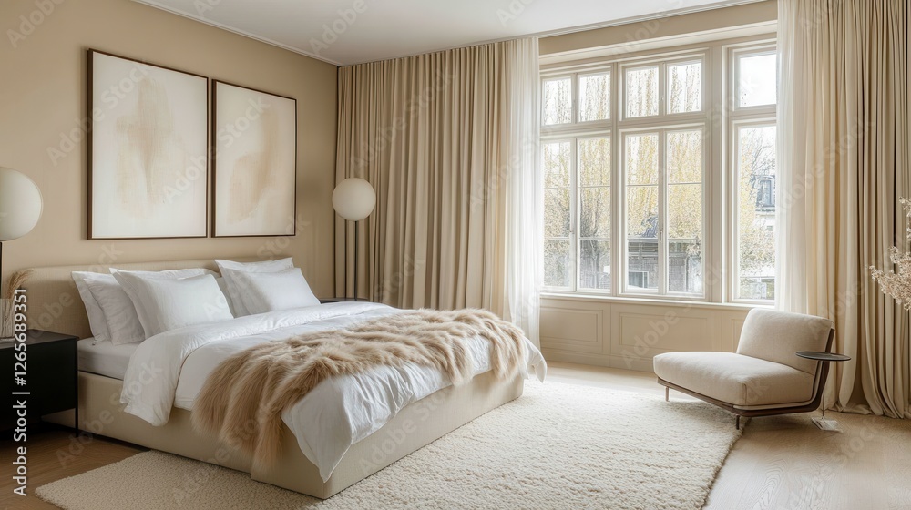 Obraz premium Elegant and serene bedroom showcasing neutral tones and natural light