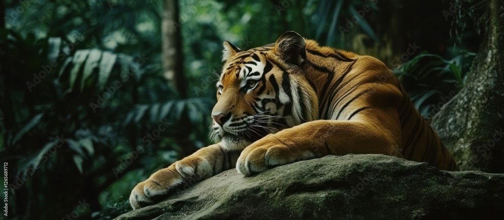 Fototapeta premium Majestic tiger resting on rock in lush jungle.