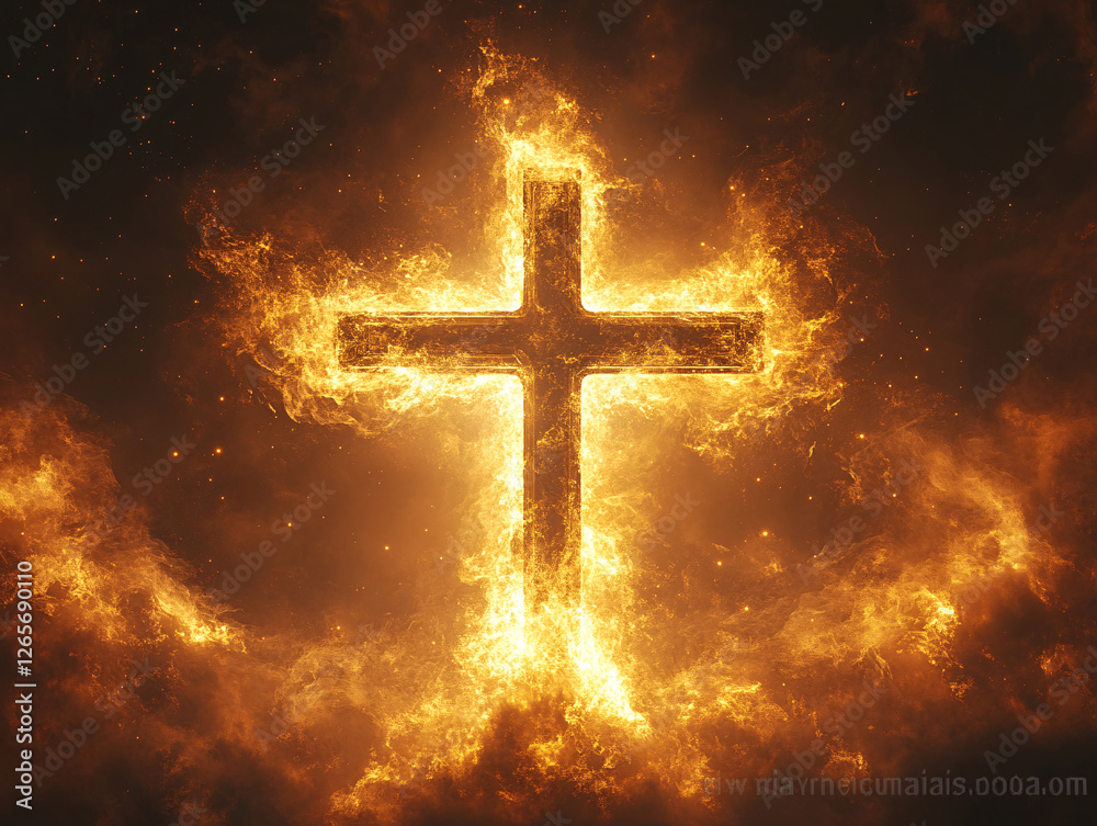 a large, burning cross with flames engulfing it, set against a dark background with smoky or fiery surroundings. The cross is the central focus, and the fire appears intense, casting a dramatic and po a large, burning cross with flames engulfing it, set against a dark background with smoky or fiery surroundings. The cross is the central focus, and the fire appears intense, casting a dramatic and po