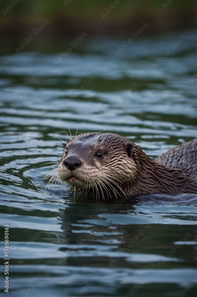 A close-up of an otter swimming in calm water. A close-up of an otter swimming in calm water.