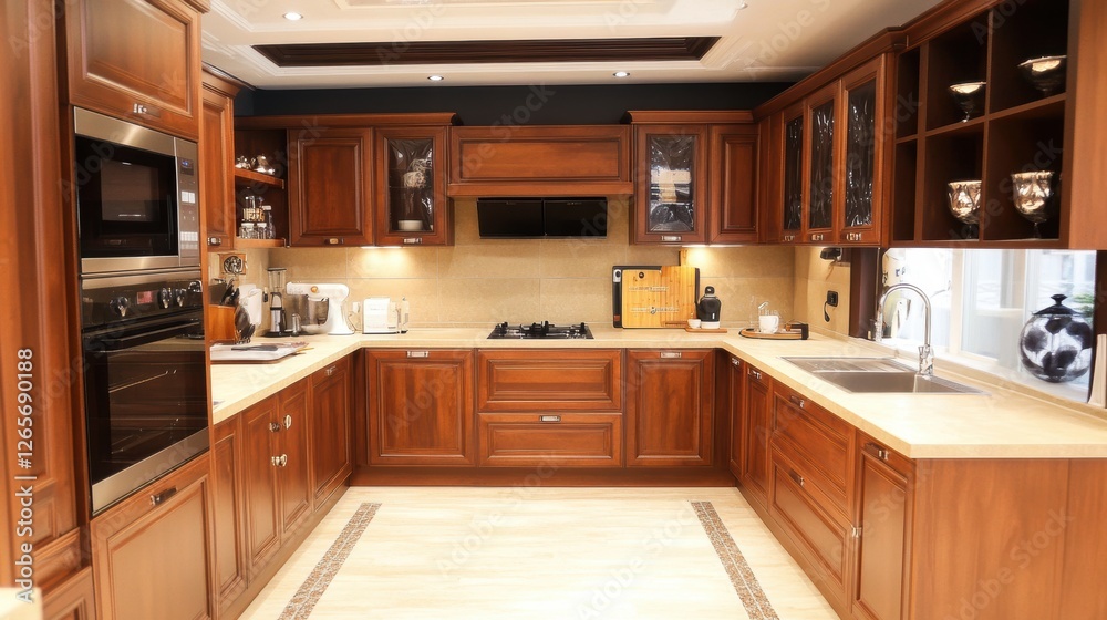 Beautiful brown wooden kitchen showcases modern appliances and elegant design Beautiful brown wooden kitchen showcases modern appliances and elegant design