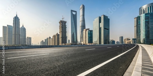 Wide asphalt road stretching through a modern cityscape with sleek skyscrapers and glass towers in the background, urban architecture, concrete highway