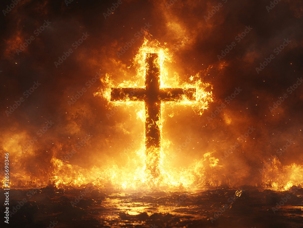 a large, burning cross with flames engulfing it, set against a dark background with smoky or fiery surroundings. The cross is the central focus, and the fire appears intense, casting a dramatic and po a large, burning cross with flames engulfing it, set against a dark background with smoky or fiery surroundings. The cross is the central focus, and the fire appears intense, casting a dramatic and po