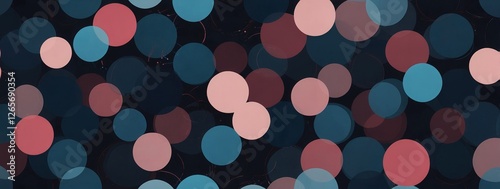 Pink and blue layered circles create a dynamic visual effect, forming an abstract composition on a dark blue background