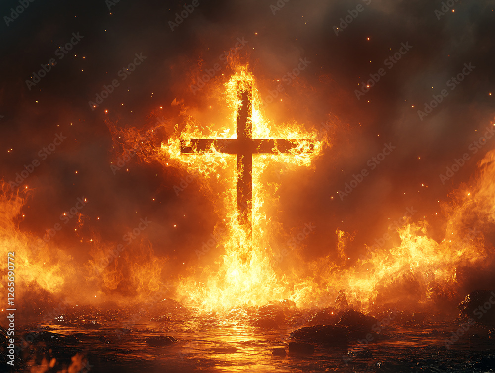 a large, burning cross with flames engulfing it, set against a dark background with smoky or fiery surroundings. The cross is the central focus, and the fire appears intense, casting a dramatic and po a large, burning cross with flames engulfing it, set against a dark background with smoky or fiery surroundings. The cross is the central focus, and the fire appears intense, casting a dramatic and po