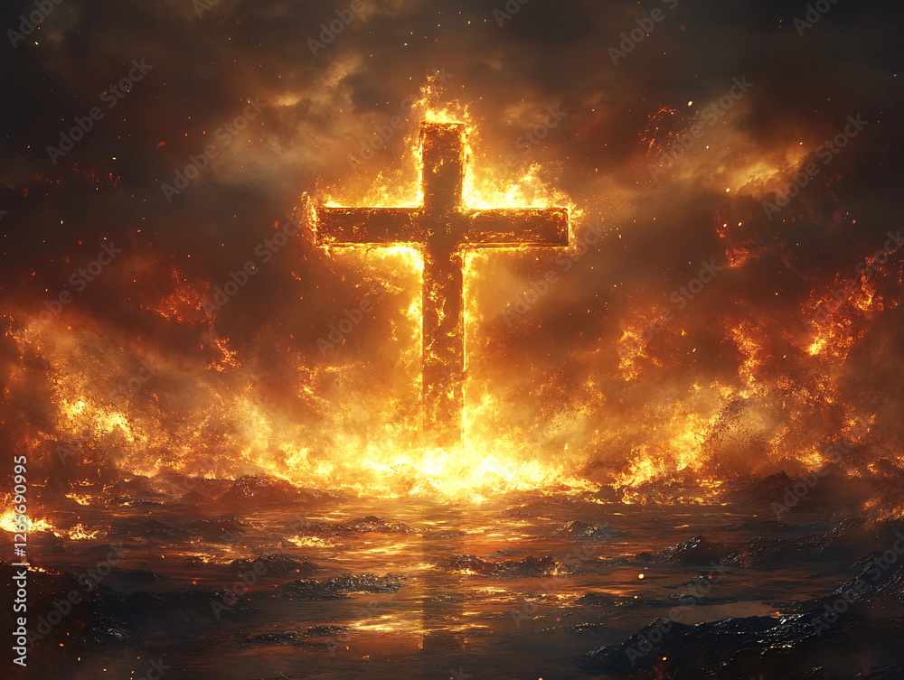 a large, burning cross with flames engulfing it, set against a dark background with smoky or fiery surroundings. The cross is the central focus, and the fire appears intense, casting a dramatic and po a large, burning cross with flames engulfing it, set against a dark background with smoky or fiery surroundings. The cross is the central focus, and the fire appears intense, casting a dramatic and po