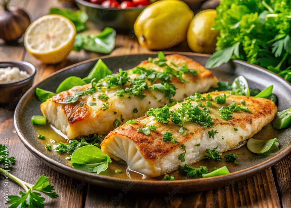 Delicious Fried Monkfish with Butter, Garlic, Parsley, Salad & Potato Delicious Fried Monkfish with Butter, Garlic, Parsley, Salad & Potato