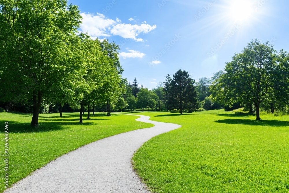 Park Pathway Serene walk through trees, sunlit field; use nature background Park Pathway Serene walk through trees, sunlit field; use nature background