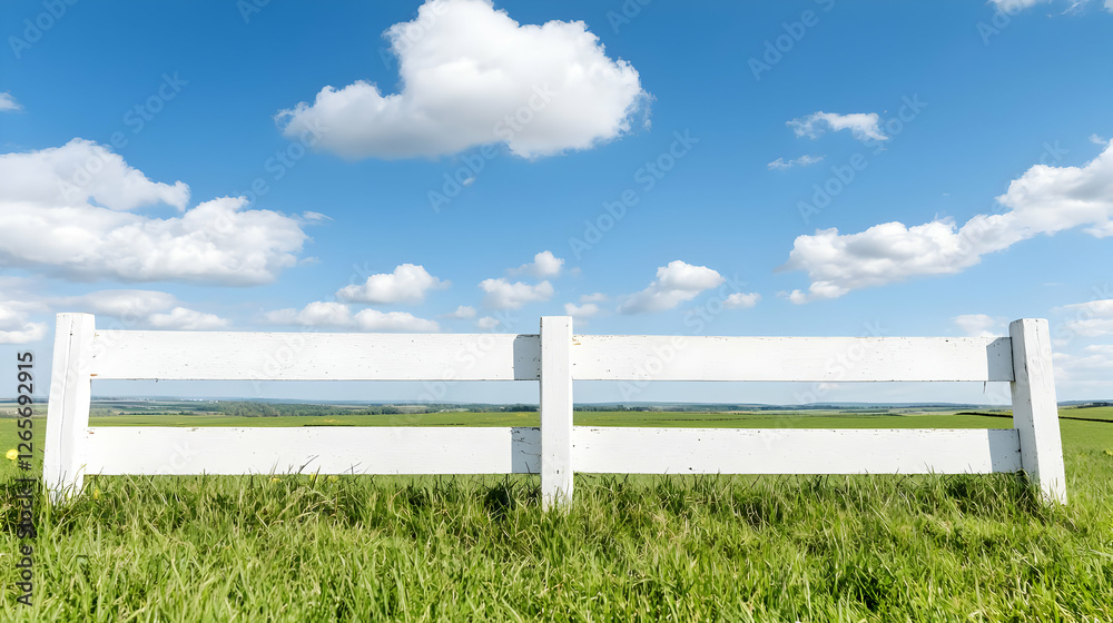 Fototapeta premium White fence, green field, blue sky, idyllic landscape, perfect for website backgrounds