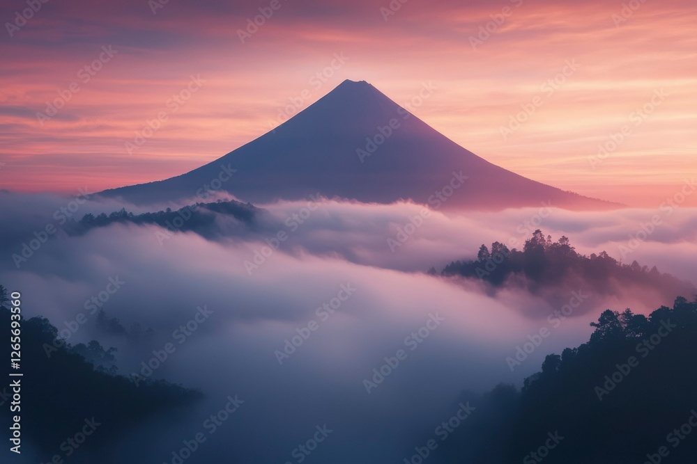 Mountain peak above clouds at sunset. Scenery for travel, adventure, nature Mountain peak above clouds at sunset. Scenery for travel, adventure, nature