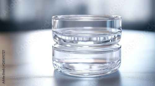 A clear glass container sits on a surface, showcasing its transparent design and reflecting light, with a soft background.