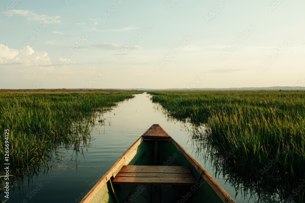 Boat on a narrow river surrounded by dense green reeds under a bright sky Boat on a narrow river surrounded by dense green reeds under a bright sky
