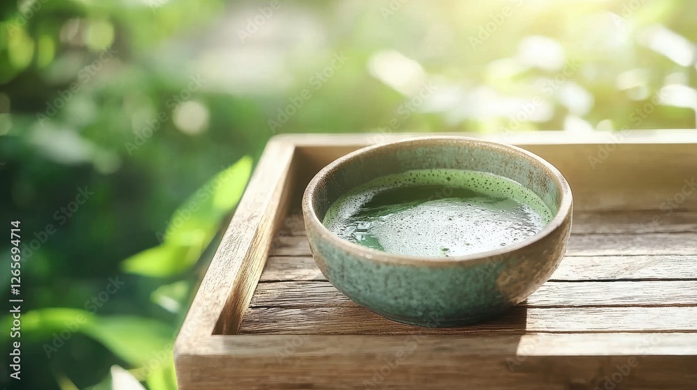 A serene green bowl sits on a wooden tray, surrounded by soft sunlight and lush greenery, evoking tranquility and a connection to nature. A serene green bowl sits on a wooden tray, surrounded by soft sunlight and lush greenery, evoking tranquility and a connection to nature.