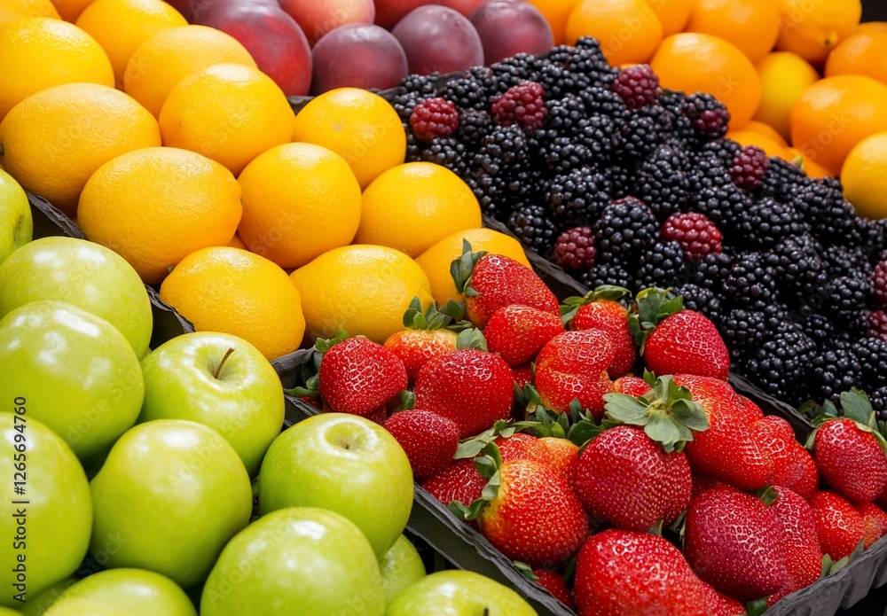 Fruit Display Apples, oranges, strawberries, blackberries. A vibrant, healthy scene Fruit Display Apples, oranges, strawberries, blackberries. A vibrant, healthy scene