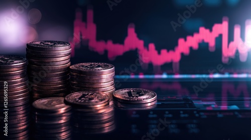 Financial Investment Concept Featuring Stacked Coins and a Rising Stock Market Graph With a Dark Aesthetic