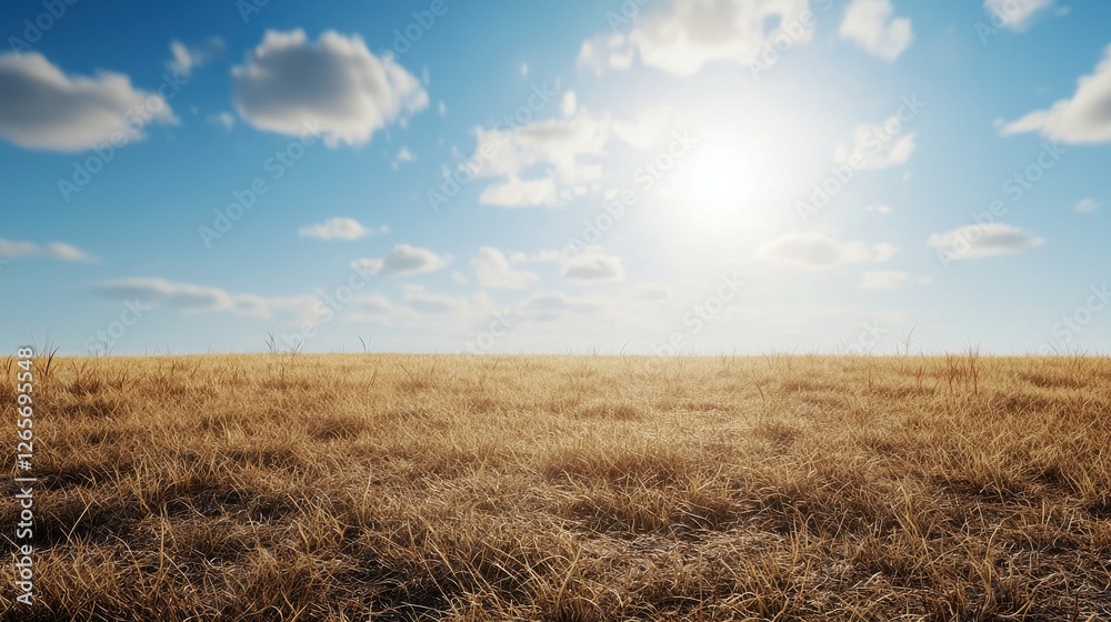 A vast, golden field stretches under a bright blue sky, dotted with fluffy clouds, illuminated by the warm sun. A vast, golden field stretches under a bright blue sky, dotted with fluffy clouds, illuminated by the warm sun.