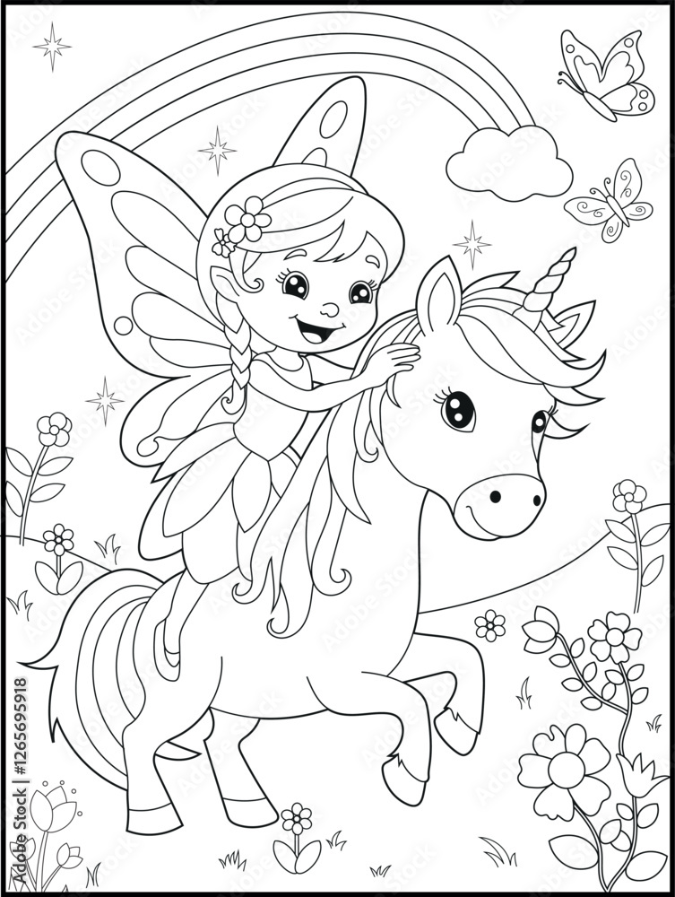 Black and white fairy coloring pages for kids. Children's coloring books with cute cartoon fairy and unicorn characters, fun and educational materials for kindergarten.