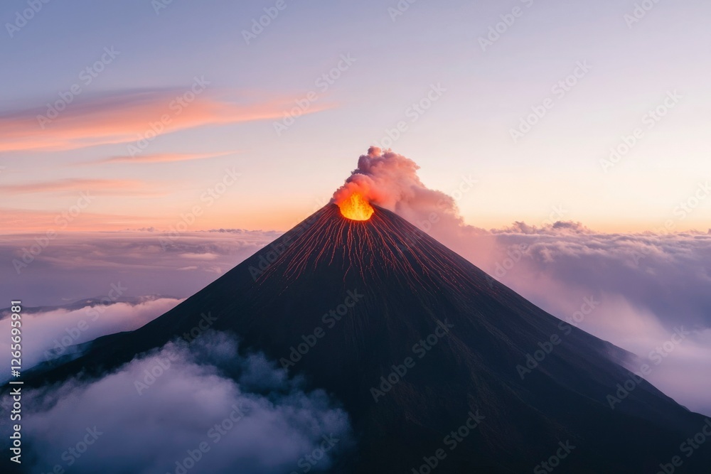 Volcano erupting, smoke billowing, above cloud cover at sunrise, tourism usage Volcano erupting, smoke billowing, above cloud cover at sunrise, tourism usage