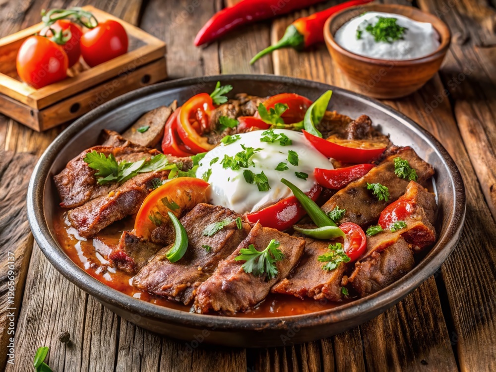 Delicious Iskender Kebab: Top-Down View of a Traditional Turkish Dish on Rustic Wooden Table Delicious Iskender Kebab: Top-Down View of a Traditional Turkish Dish on Rustic Wooden Table