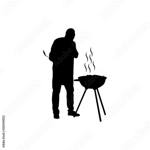A man grilling meat standing on the side of the road vector.