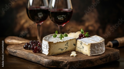 Gourmet Cheese and Wine Pairing on Rustic Wooden Board With Elegant Lighting Features