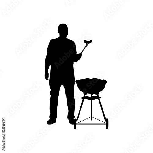 A man grilling meat standing on the side of the road vector.
