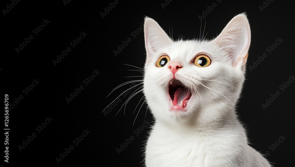 Surprised white cat with open mouth against a black background, great for ads Surprised white cat with open mouth against a black background, great for ads