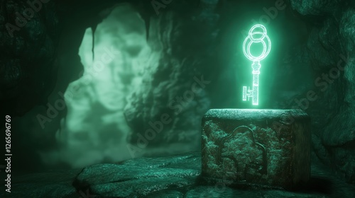 Mysterious Glowing Key on Ancient Stone Pedestal in Dark Misty Cavern Reveals Secrets of Lost Worlds