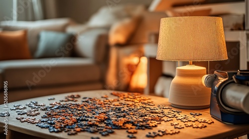 Puzzle Assembly on a Wooden Table With Warm Lighting in a Cozy Living Room During Evening Hours