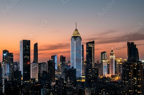 Illuminated skyscrapers at dusk in a modern cityscape