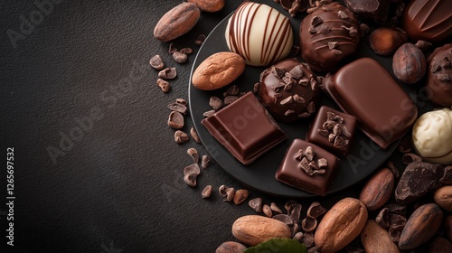 Indulgent Artisan Chocolates and Cocoa Beans Displayed on a Black Plate Showcasing Premium Dessert Concept