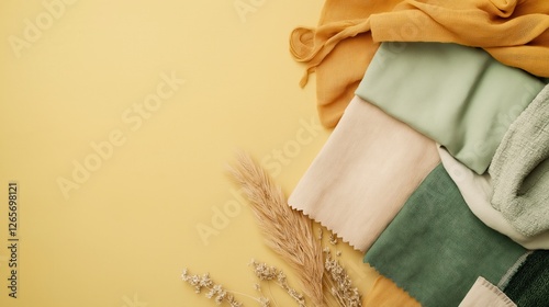 Sustainable Fashion Concept Showcasing Eco-Friendly Fabric Swatches in Earthy Tones on a Vibrant Yellow Backdrop