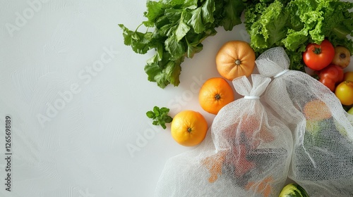 Sustainable Grocery Shopping Concept With Reusable Bags and Organic Produce on a Neutral Background