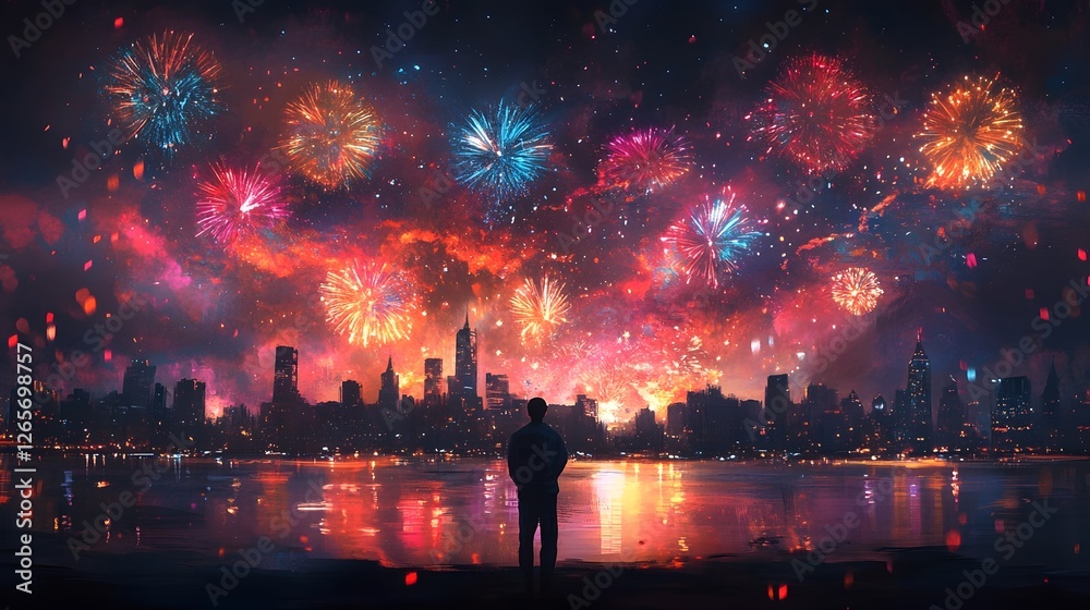 Fototapeta premium Breathtaking fireworks exploding over a vibrant illuminated city skyline at night creating a dazzling colorful display reflected in the water below
