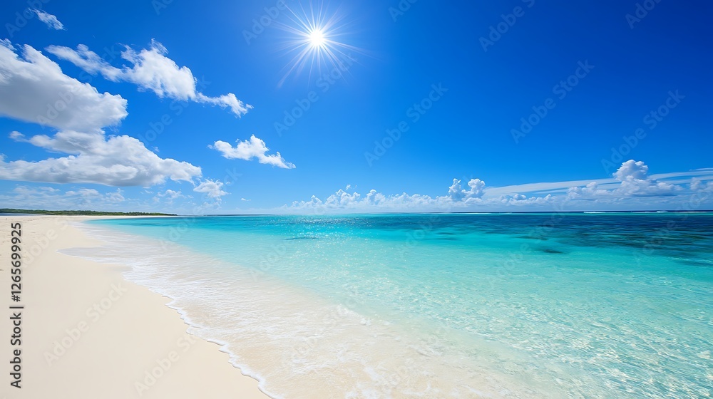 Idyllic tropical beach scene with bright sun and clear water Idyllic tropical beach scene with bright sun and clear water