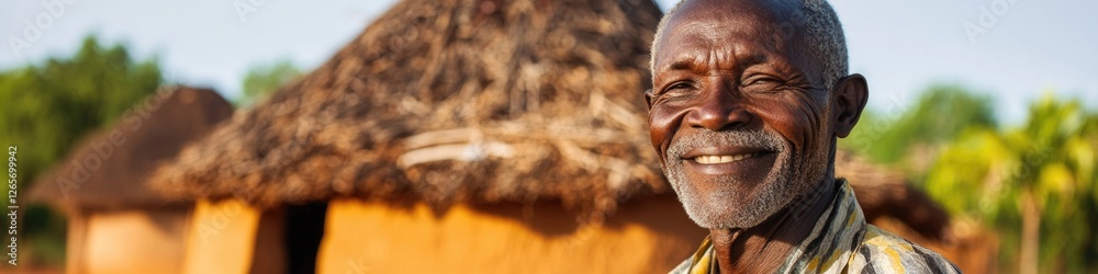A person standing in front of a traditional thatched hut, suitable for use as a stock image in various contexts A person standing in front of a traditional thatched hut, suitable for use as a stock image in various contexts