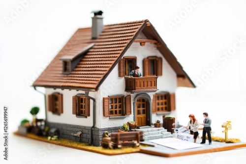 A small scale model of a house with people standing outside, ideal for use in presentations or as a decorative piece photo