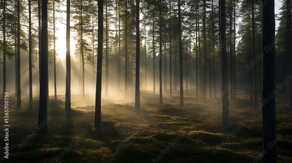 Fototapeta premium Sunbeams Illuminate Misty Pine Forest Floor