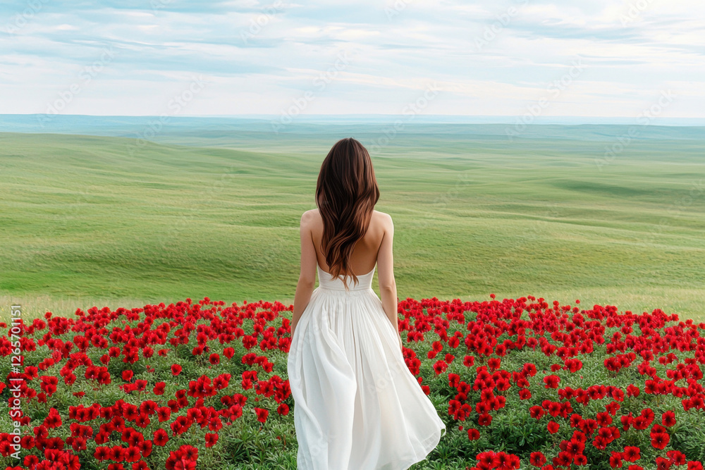 Countryside stroll with vibrant blooms concept. A woman in a white dress stands among vibrant red flowers in a vast landscape Countryside stroll with vibrant blooms concept. A woman in a white dress stands among vibrant red flowers in a vast landscape