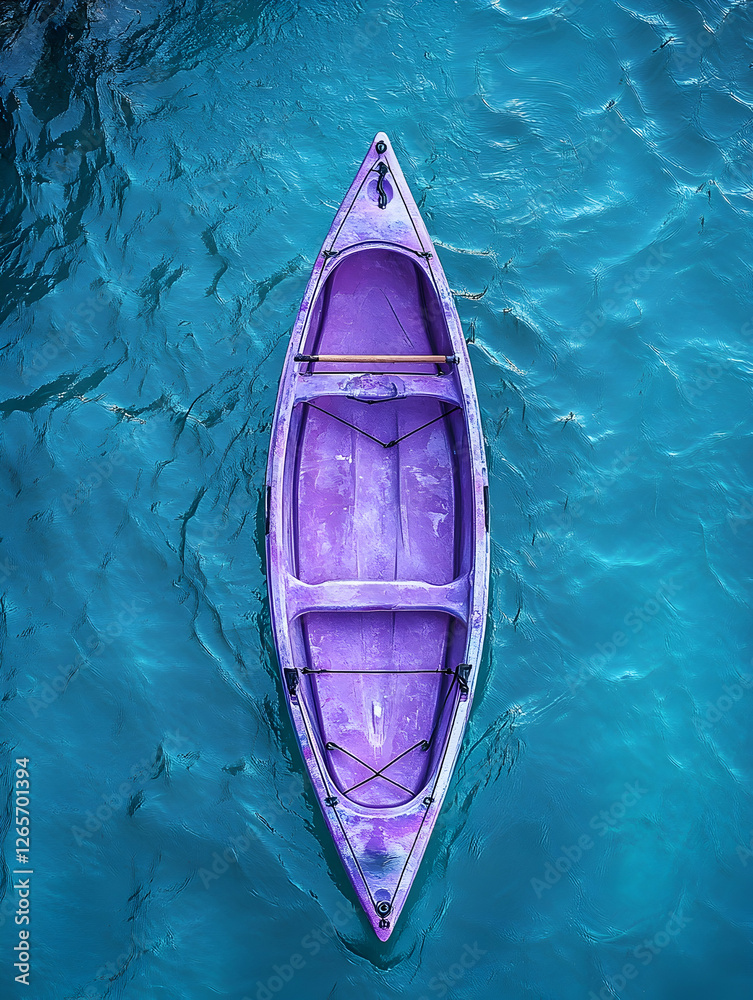Purple kayak floats on tranquil teal water; overhead view Purple kayak floats on tranquil teal water; overhead view