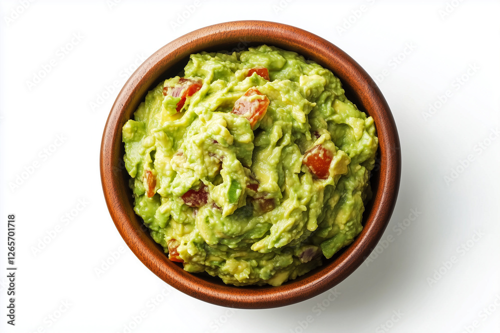 A bowl with guacamole is shown in isolation on white background, viewed from above A bowl with guacamole is shown in isolation on white background, viewed from above